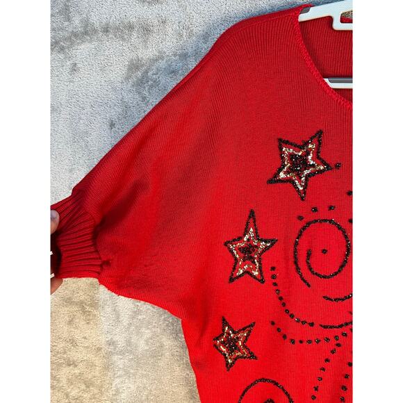 VTG Barry & Me Sweater Large Red Sequin Celestial Stars and Moon 80s 90s - Picture 5 of 7